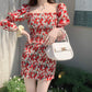 Women's Summer Slim Skirt Floral Square Neck Puff Sleeve Dress