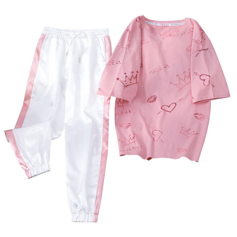 Plus Size Slimming Sportswear Loose Cover Meat Casual Suit Sports Suit Two-piece Short-sleeved T-shirt Loose Wide-leg Pants Cute and Comfortable