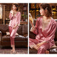 Women's Spring Autumn Long Sleeve Pajamas Set Luxury Ice Silk Sexy V Neck Lace Pyjamas Simulated Silk Sleeping Suit Silky Large Size Homewear Set