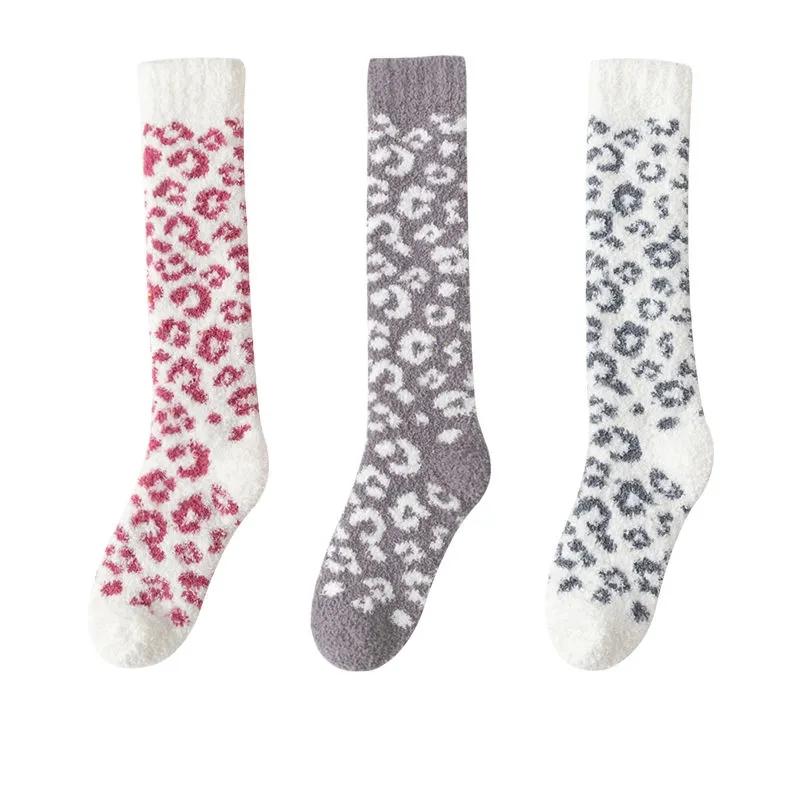 3 Pairs of Leopard-print Coral Fleece Socks Women's Calf Socks Furry Winter Sleep Socks Plus Velvet Thick Warm Stockings