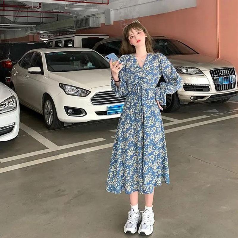 Spring Japanese First Love Skirt V-neck Floral Dress Female Slim Waist Temperament Knee-length Skirt