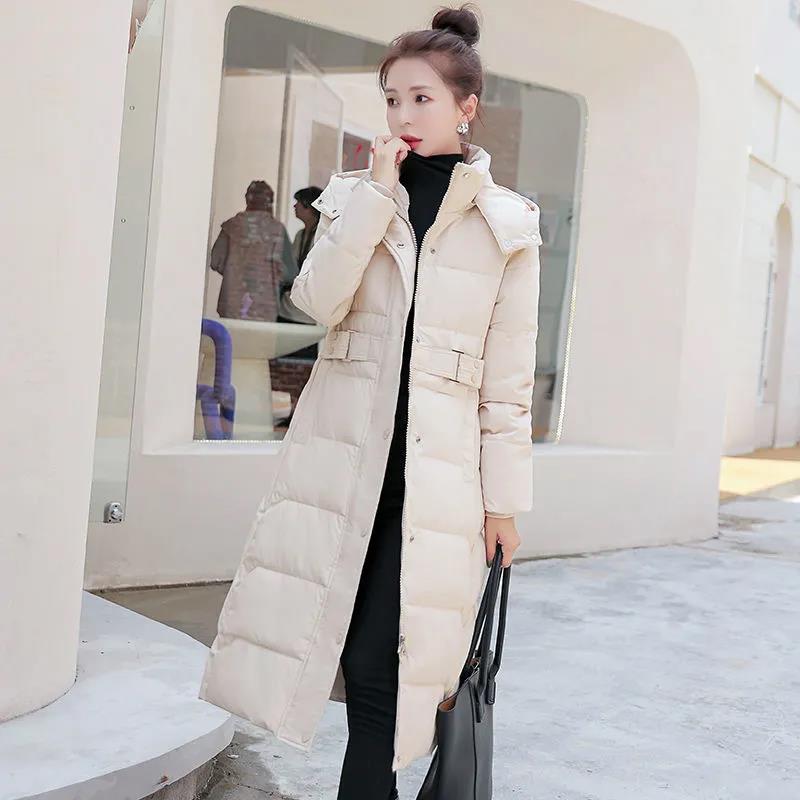Winter Detachable Hat Fashion Leisure Long Knee Down Cotton Jacket Women's Belt Slim Thickened Cotton Jacket