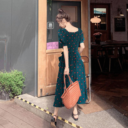 Dress Women's Waist Chiffon Over The Knee Square Collar Retro Casual Fashion French Summer Skirt