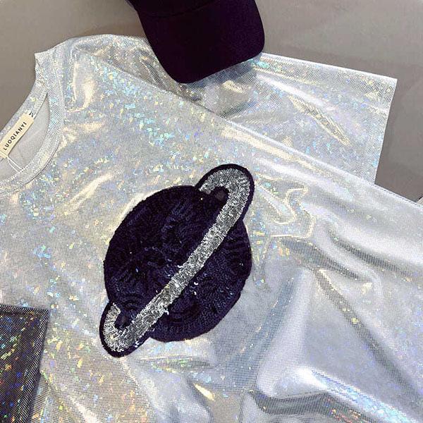 Women's Spring Sequins Embroidery Short-Sleeve T-Shirt Female Summer Large Size Loose Casual Tops