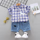 Children's Summer Wear Two Piece Set of Boys' and Girls' Korean Plaid Collar Short Sleeve Shirt and Shorts