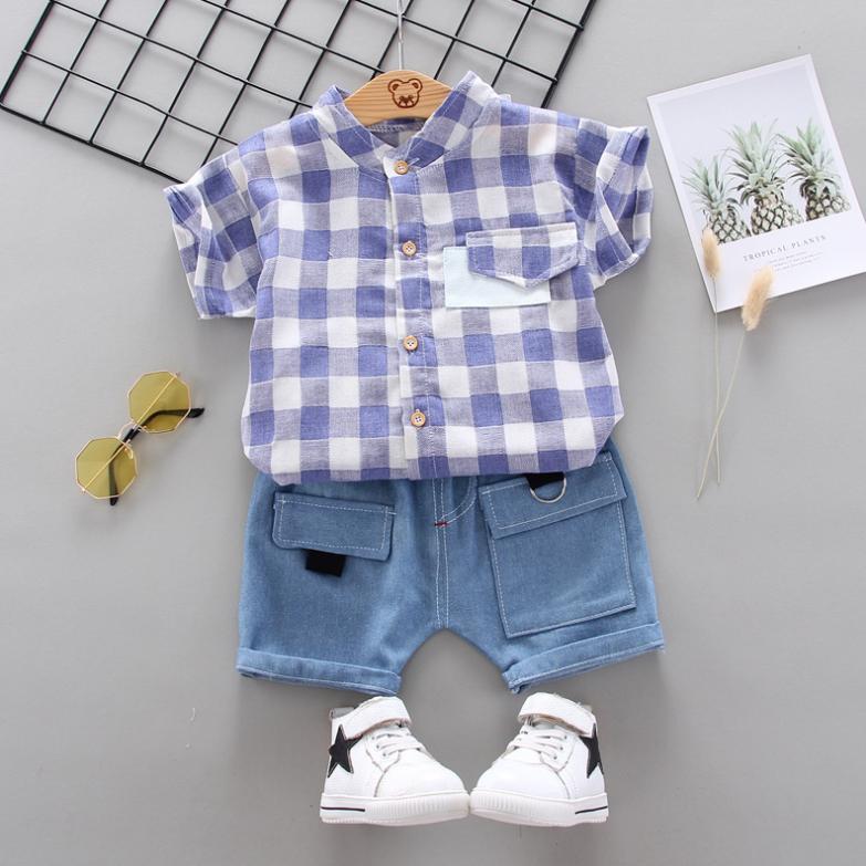 Children's Summer Wear Two Piece Set of Boys' and Girls' Korean Plaid Collar Short Sleeve Shirt and Shorts