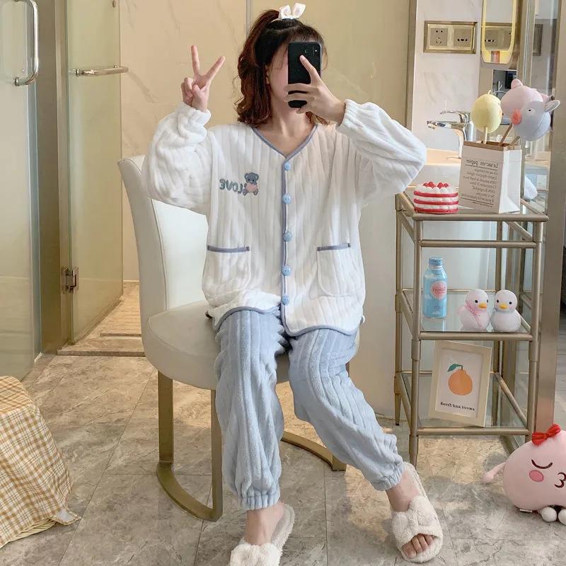 Women's Winter Thickened Coral Fleece Pajamas Set Flannel Cute Sweet Bow Printing Stripes Cardigan Winter Suit Homewear Long Sleeves Sleeping Suit