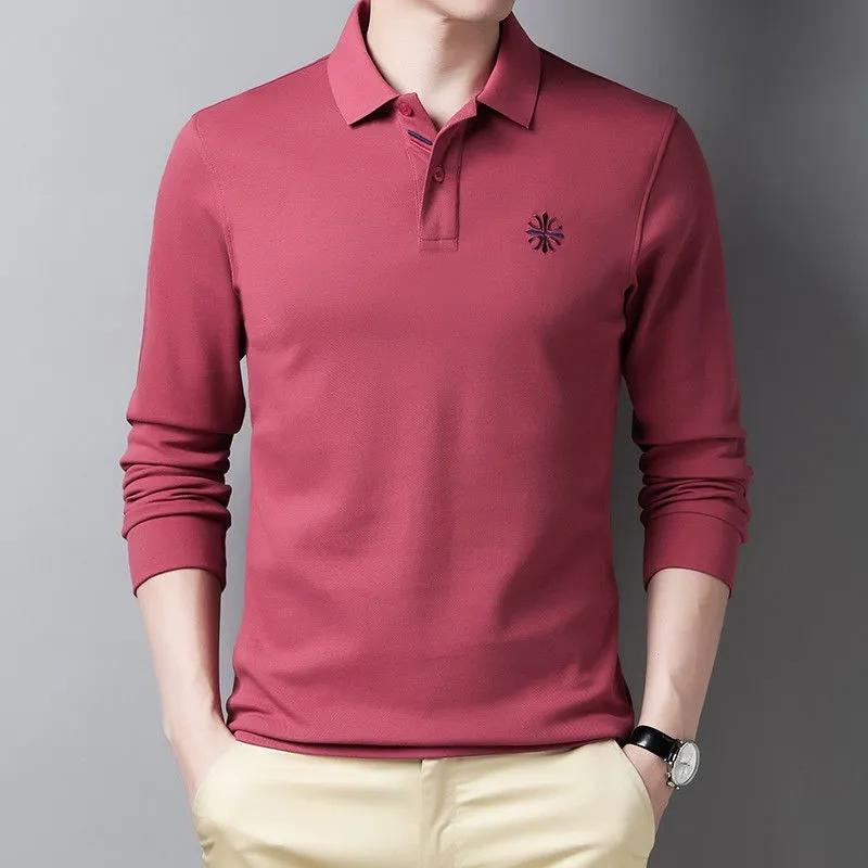 Men's Embroidered Top Long Sleeve Polo Shirt Spring and Autumn Thin Lapel T-Shirt Loose Solid Color All Match Casual Bottom Polo Shirt