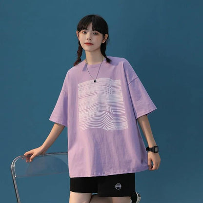 Women's Short-Sleeve T-shirt 100% Cotton Half-Sleeve Loose Korean K Pop Short-Sleeve Top Oversized Large T-Shirt Girl's Summer Casual Sports Clothing
