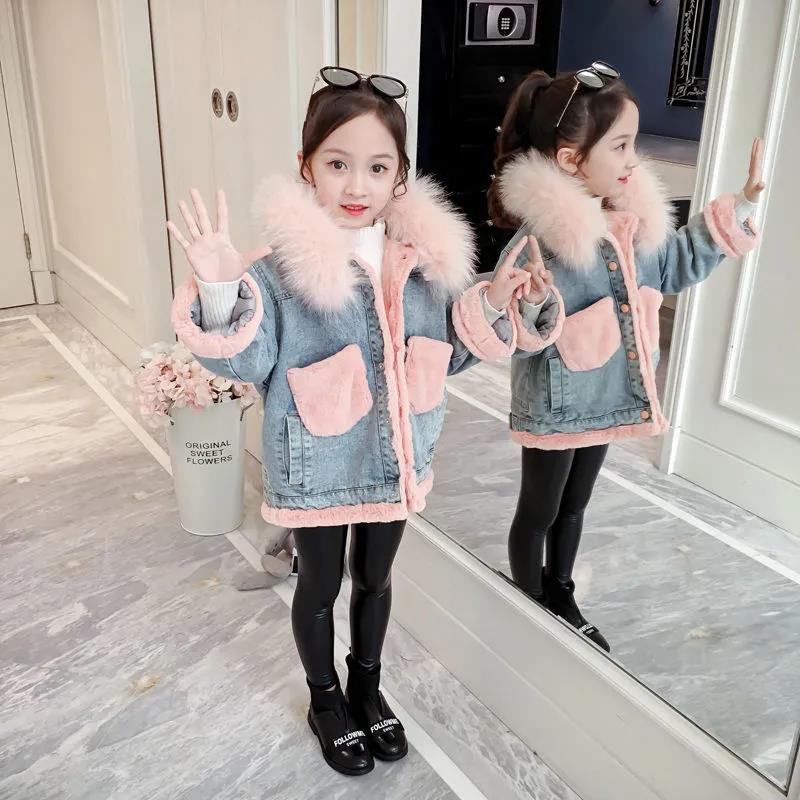 Girls Denim Warm Coat Winter Korean Children's Winter Clothes Fleece Padded Windproof Jacket