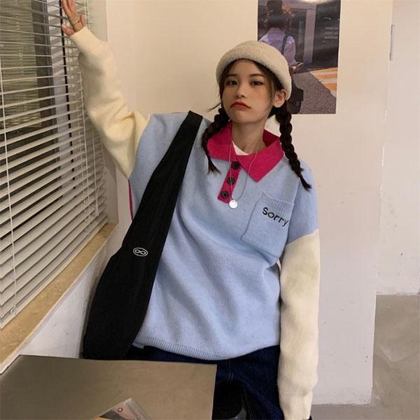 Autumn College Style Long-sleeved Polo-neck Sweater Female Student Loose Mid-length Sweater Coat