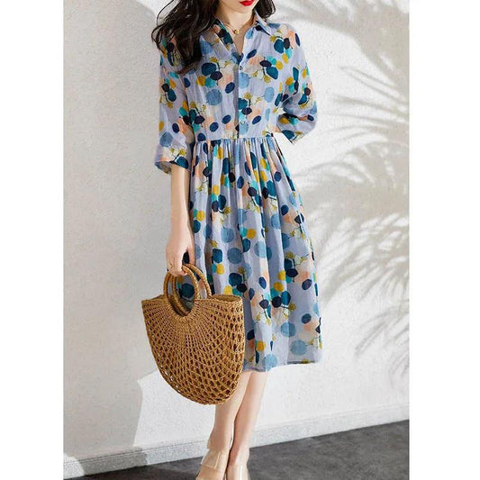 Summer Printed Half Sleeved Dress Women's Mid-length Korean Slim Fit Plus Size Long Skirt Lapel Pleated A-line Skirt Colorful Polka Dot Dress