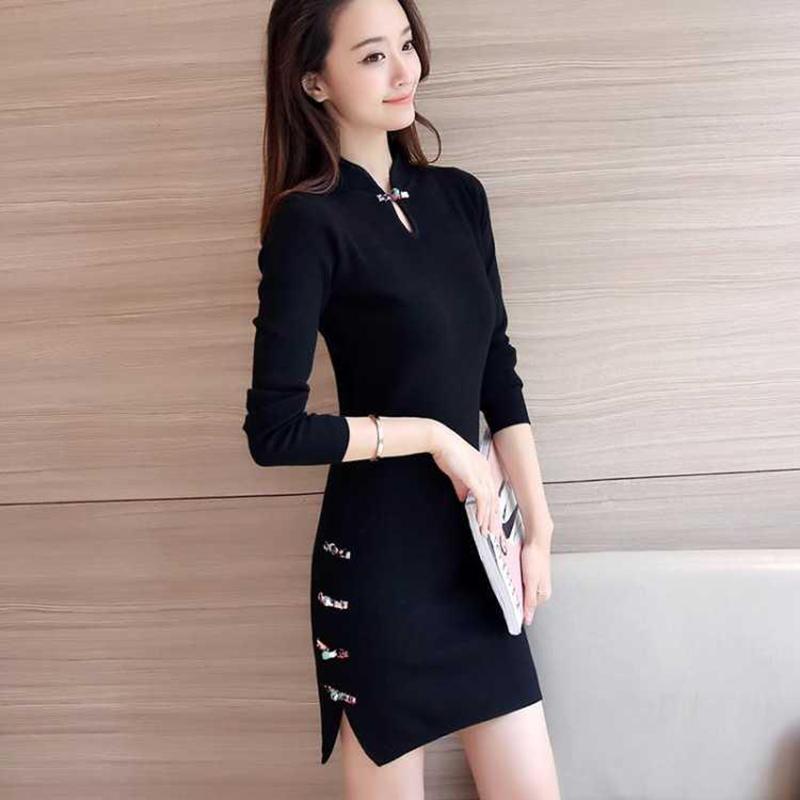 Winter China Style Sexy Slim Bodycon Knitting Skirt Traditional Buckle Bottom Sweater Dress