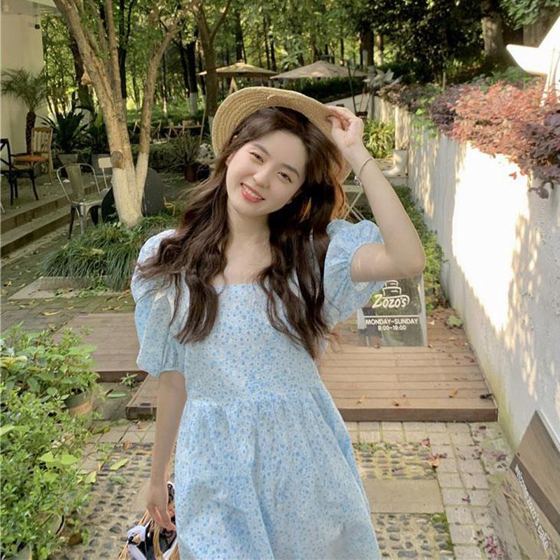 Women's Summer Floral Dress Square Neck Slim Puff Sleeve Skirt