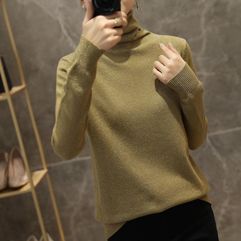 Women Solid Shiny Lurex Sweaters Autumn Winter ladies Long Sleeve Pullover Tops Heaps Collar knit Sweater