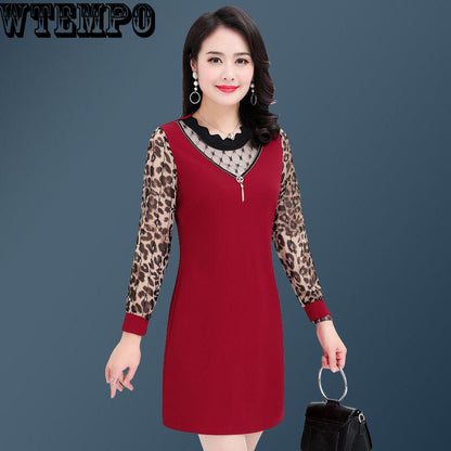 Leopard Sexy Slim New Large Size Mother Long Sleeve Middle-aged Shirts Banquet Nightclub Dress