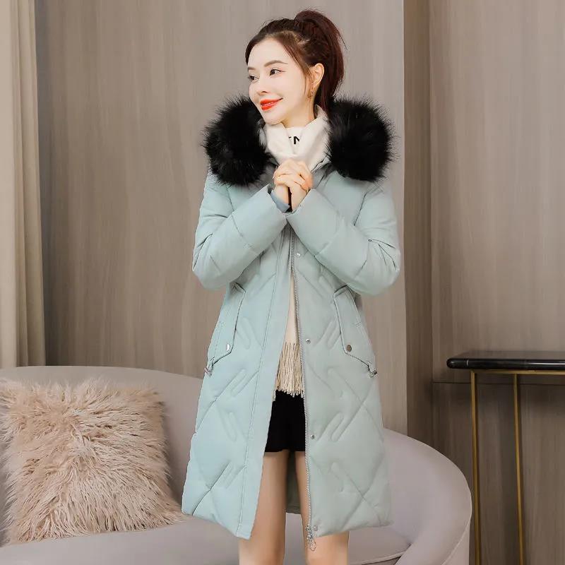 Winter Down Jacket Fashion Waist Mid-length Padded Jacket Women's Solid Color Hooded Fur Collar Jacket Thickened Warmth Plus Size Down Jacket