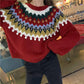 Winter Women Christmas Theme Ball Tassel Knitwear Pullover Red Crew Neck Loose Jumper Top