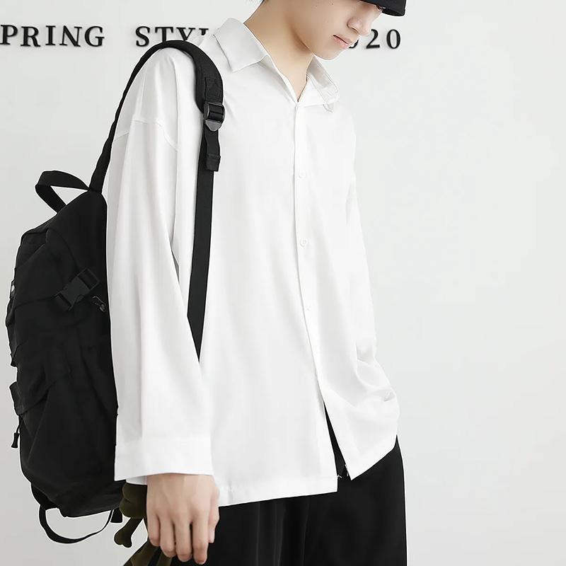 Shirt Men's Handsome White and Black Trend Ice Silk Hong Kong Wind Drape Long-sleeved Jacket Loose Ice Silk Top Coat