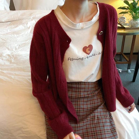 Sweet Love Buttons Show White and Red Short Casual Women's Sweater Cardigan Slim Loose Striped Round Neck Sweater