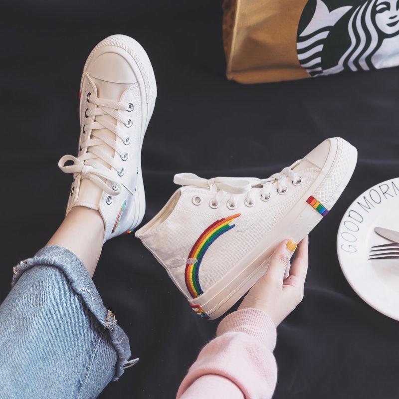 Women's Fashion  Vulcanized Shoes Woman Sneakers New Rainbow Retro Canvas Shoes Flat Fashion Comfortable High Shoes Women