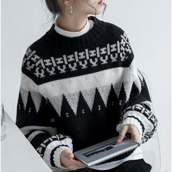 Vintage  Printed Sweater Women Bottoming Sweater Loose Casual Knit Pullover Sweater Autumn Winter