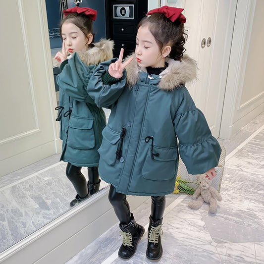 Girls Plus Velvet Cotton Winter Clothes Warm and Windproof Mid-length Quilted Jacket