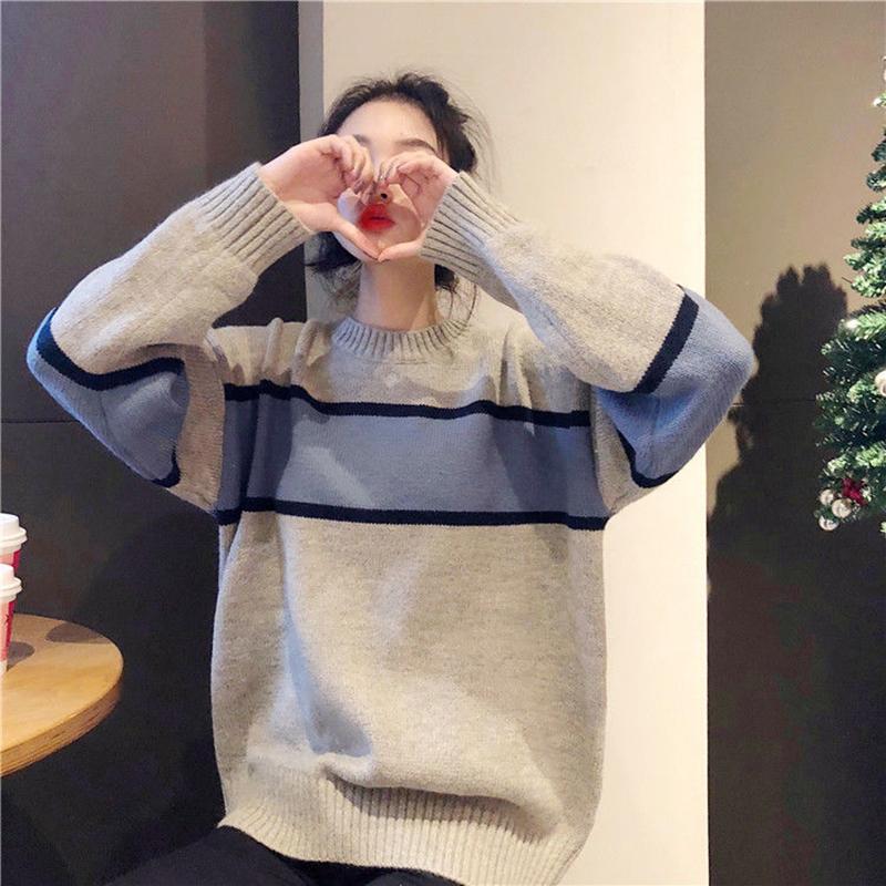 Autumn and Winter Pullover Crew Neck Sweater Korean Style College Style Color Matching Male and Female Students Loose Lazy Knit Jacket