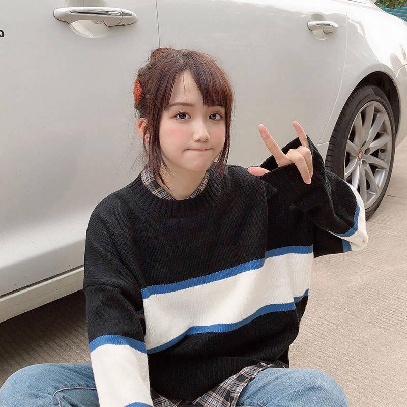 College Style Autumn Winter Sweater Women Loose Lazy Student Striped Sweater Shirt Coat
