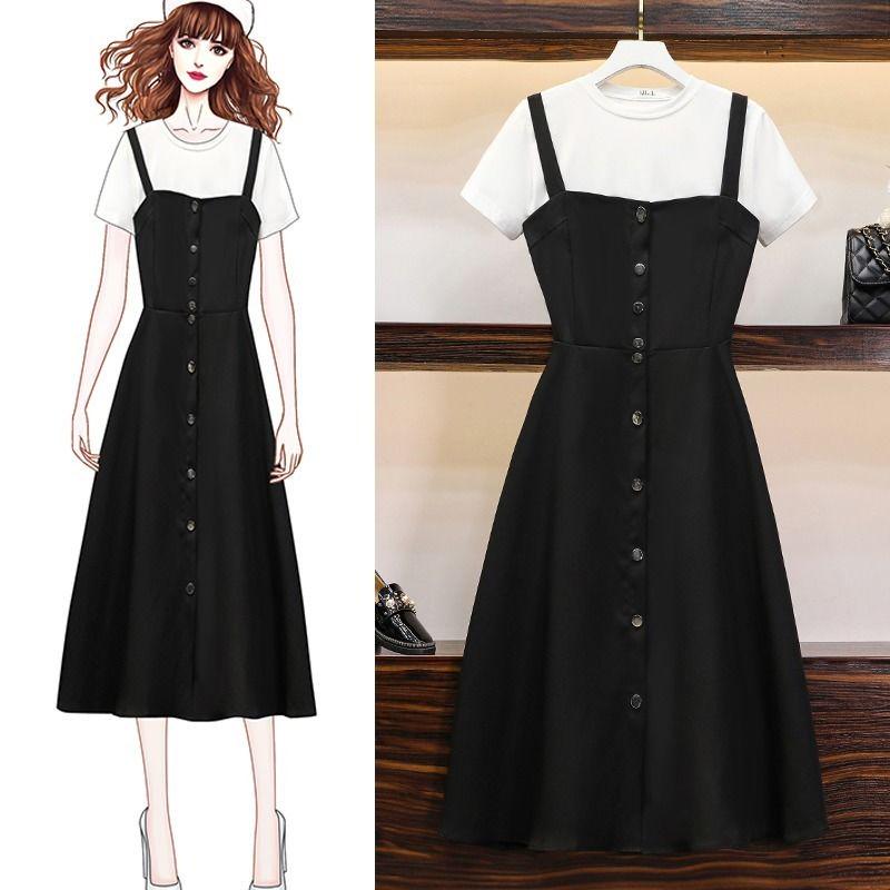 Womens Summer Dresses  Short-sleeved Shirt Top and Long  Strap Dress Two-piece Set Plus Size Outfits