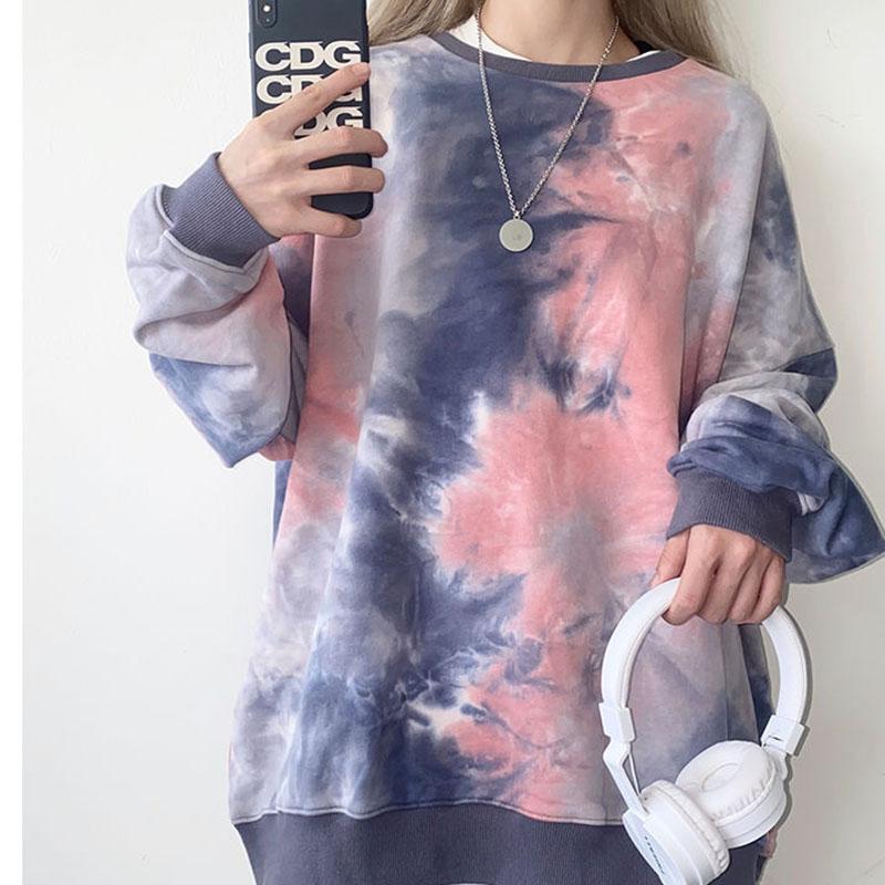 Tie-dye Sweatshirt Women's Mid-length O-neck Pullover Tops Spring  Autumn  Thin Long-sleeved Hoodies