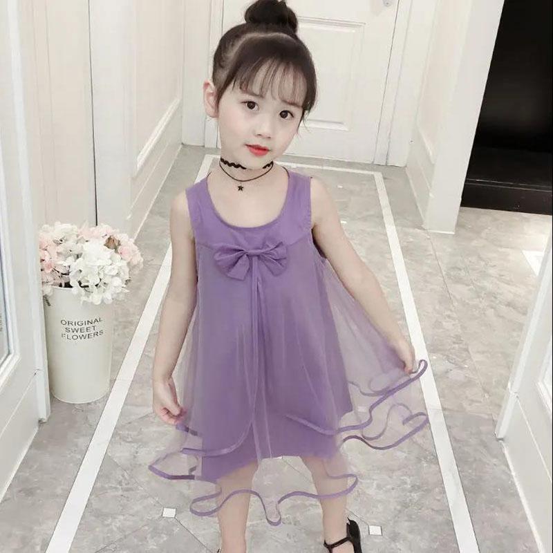 Children's Clothing Girls Summer Clothing Solid Color Sweet Mesh Dress Sleeveless Children's Vest Skirt Girl Princess Dress