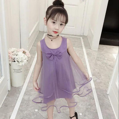Children's Clothing Girls Summer Clothing Solid Color Sweet Mesh Dress Sleeveless Children's Vest Skirt Girl Princess Dress