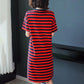 Cotton Fabric Loose Mid-length Striped Pocket T-shirt Skirt Covering The Flesh and Slimming Short-sleeved Dress Women's Loose Striped Straight Dress