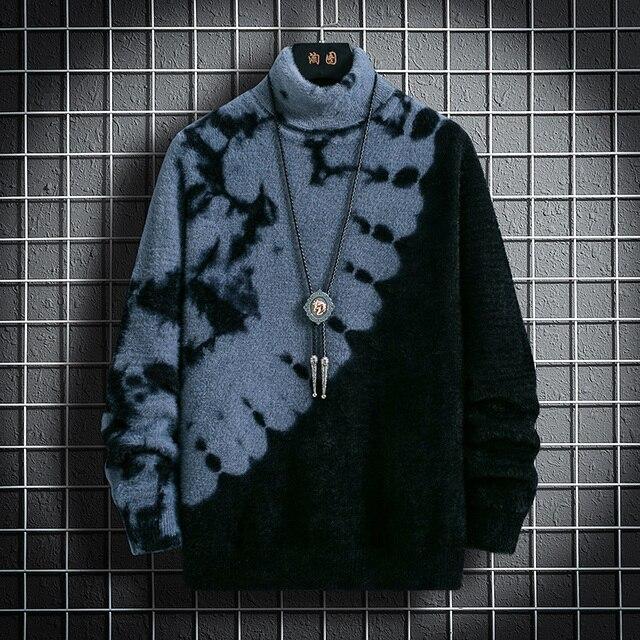Sweater Winter Men's Knitted Pullover Casual Hip Hop Print Warm Turtleneck Imitation Mink Sweaters Man Tops