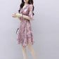 Pofulove S-3XL Women V-neck Chiffon Floral Dress Office Lady Short-sleeved Mid-length A-line Dress