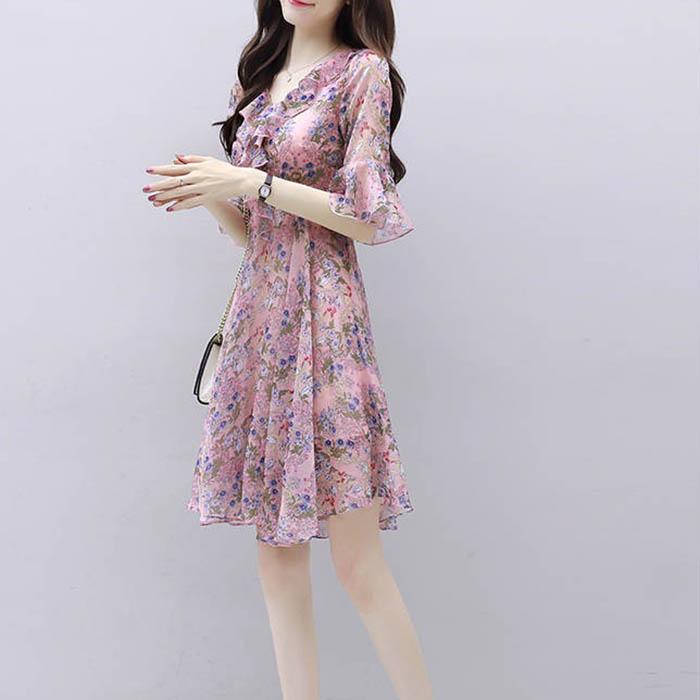Pofulove S-3XL Women V-neck Chiffon Floral Dress Office Lady Short-sleeved Mid-length A-line Dress
