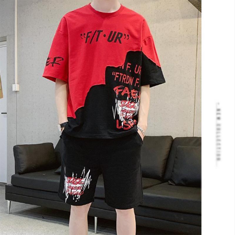 Summer Men's Contrast Color Short-sleeved T-shirt Sports Casual Suit Trendy Casual Five-point Shorts Handsome Summer