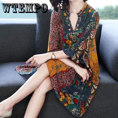 Springsummer New V -Collar Temperament Bohemian Dress Silk Printing Long Beach Dresses