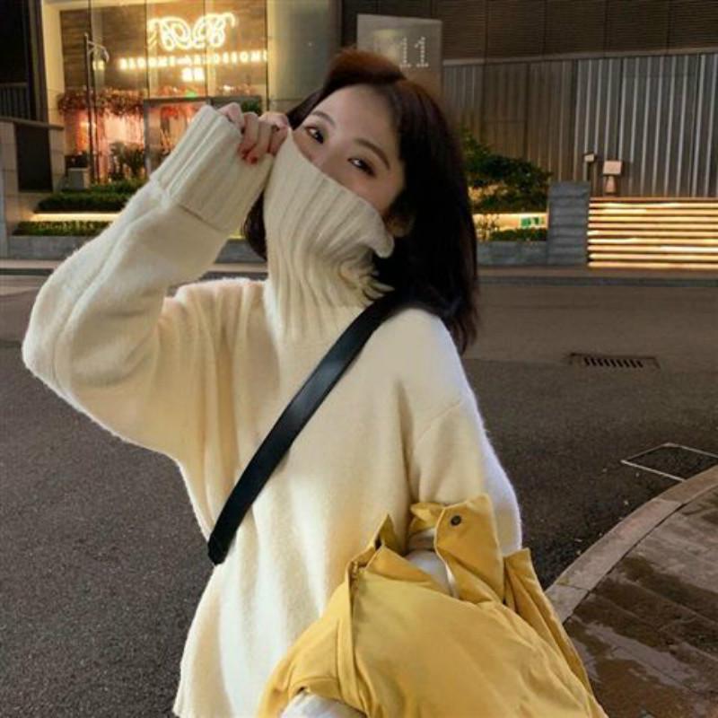 Pofulove Winter Retro Warm Turtleneck Sweater Schoolgirl Loose Pullover Solid Color Sweater