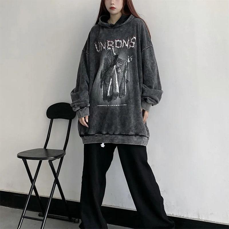Women's Retro Dark Demon Print Hooded Sweater Student Personality High Street Washed Old Hiphop Loose Top Ladies Long-sleeved Pullover Sweater