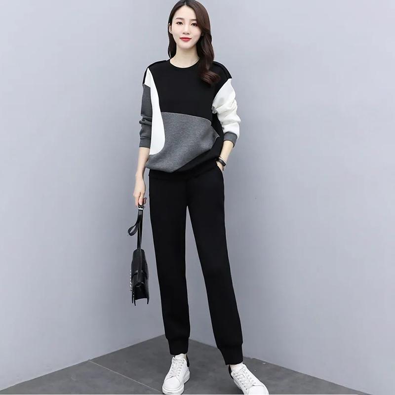 Women's Suits Are Loose Thin and Age-reducing Casual Two-piece Round Neck Long-sleeved Shirt + Casual Pants Warm and Comfortable