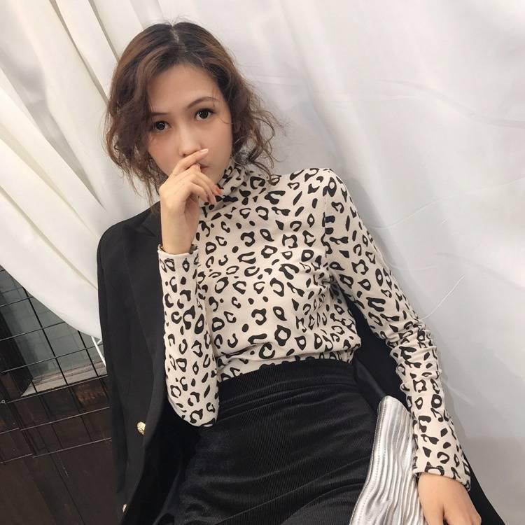 Women's High-neck Bottoming Shirt Long-sleeved Leopard Print Autumn and Winter Slim Fit All-match Thin T-shirt Women's Top
