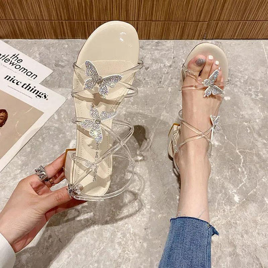 Summer Sandals Women Mid-heel Sandals Transparent Rhinestone Butterfly Sandals Female Temperament Retro All-match Shoes Comfortable and Wear-resistant