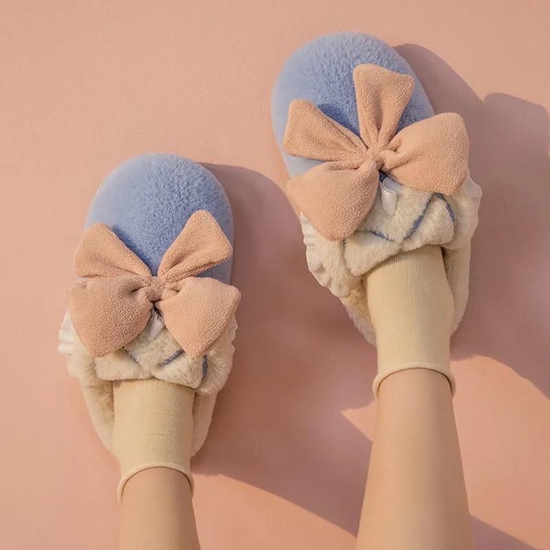 Cute Bowknot Cotton Slippers Keep Warm and Comfortable In Autumn and Winter Indoor Non-slip