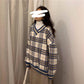 Checked Sweater Coat College for Women with Loose and Lazy Style V-necklace Knitted Autumn