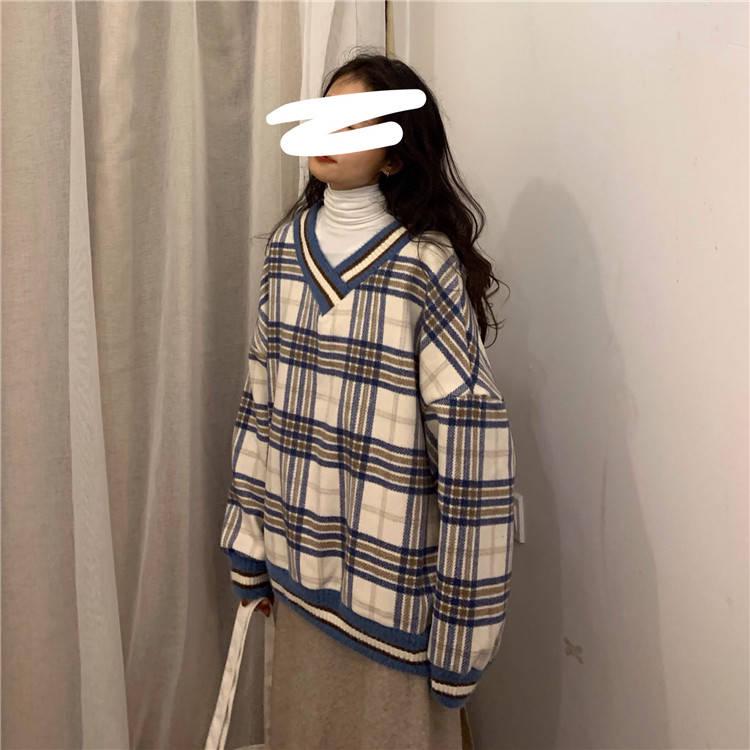 Checked Sweater Coat College for Women with Loose and Lazy Style V-necklace Knitted Autumn