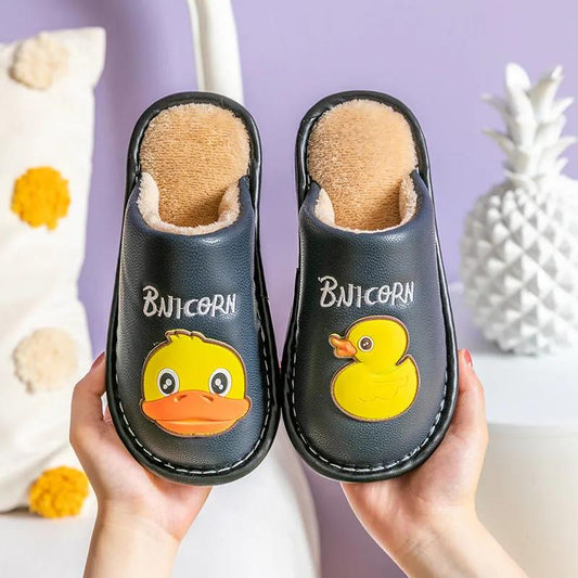 Children's Duckling Pattern Cotton Slippers Warm Non-slip Flat Shoes, Dirt-resistant and Comfortable Suitable for Autumn and Winter