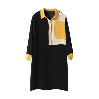 ChiffonTurn-down Collar 3/4 Sleeved Dress Spring and Autumn Large Size Loose Above Knee Length Buttons Color Stitching