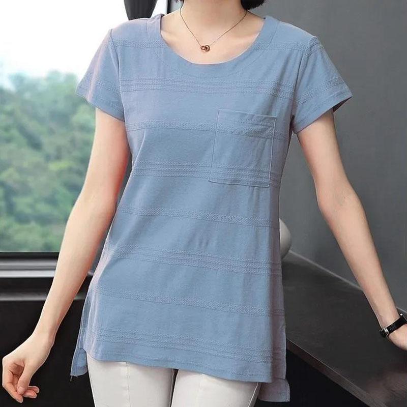 Women's Summer Cotton Short Sleeve Mid Length Round Neck Large Size Solid Color Loose T-Shirt